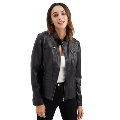 Women's Chic Leather Stand Collar Jacket