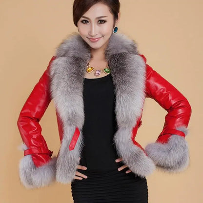 Women's Short Faux Leather Coat with Fox Fur Collar