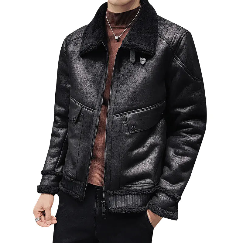Men's Chic PU Leather Fur-Collared Jacket