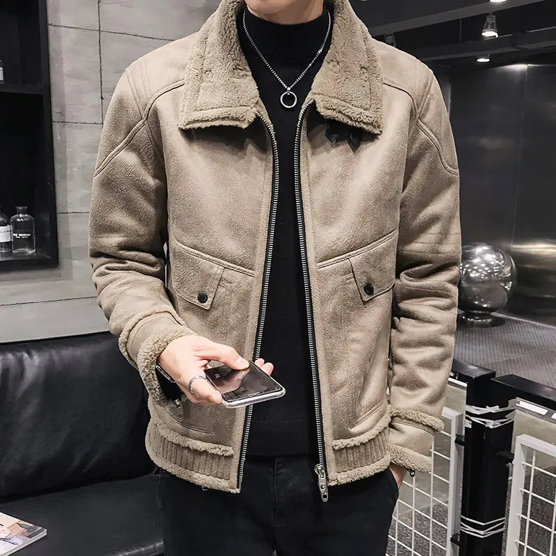 Men's Chic PU Leather Fur-Collared Jacket