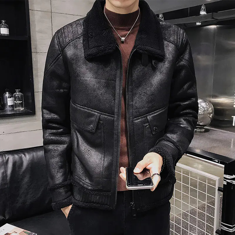 Men's Chic PU Leather Fur-Collared Jacket