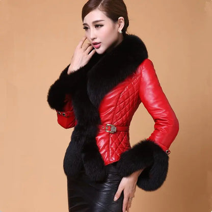 Women's Short Faux Leather Coat with Fox Fur Collar