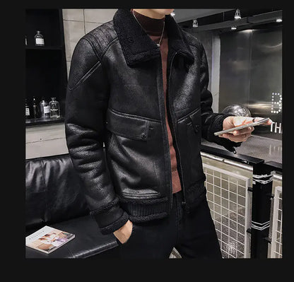 Men's Chic PU Leather Fur-Collared Jacket