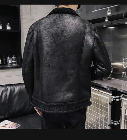 Men's Chic PU Leather Fur-Collared Jacket