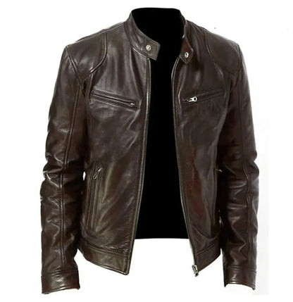 Men's PU Leather Zip-Up Cardigan with Stand Collar