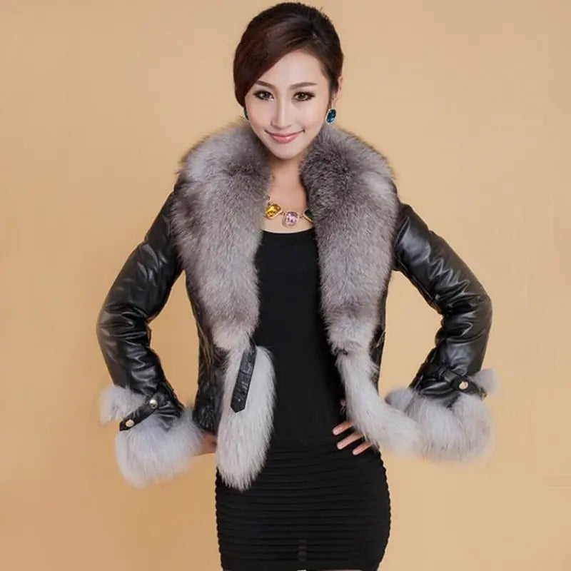 Women's Short Faux Leather Coat with Fox Fur Collar
