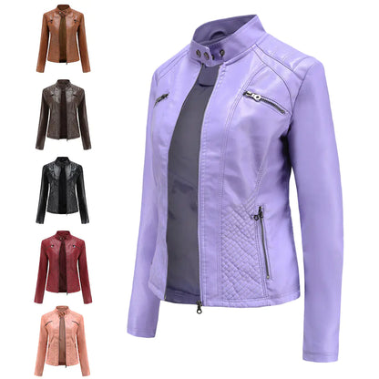 Women's Chic Leather Stand Collar Jacket