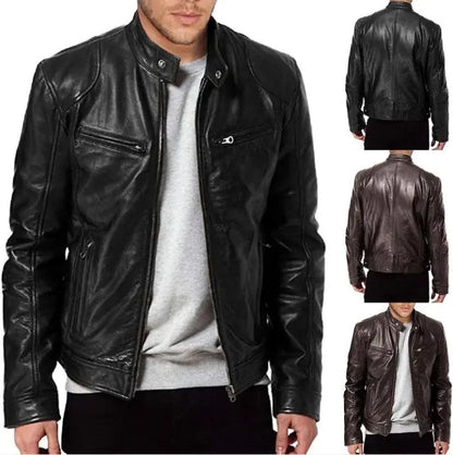 Men's PU Leather Zip-Up Cardigan with Stand Collar