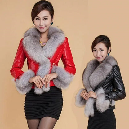 Women's Short Faux Leather Coat with Fox Fur Collar