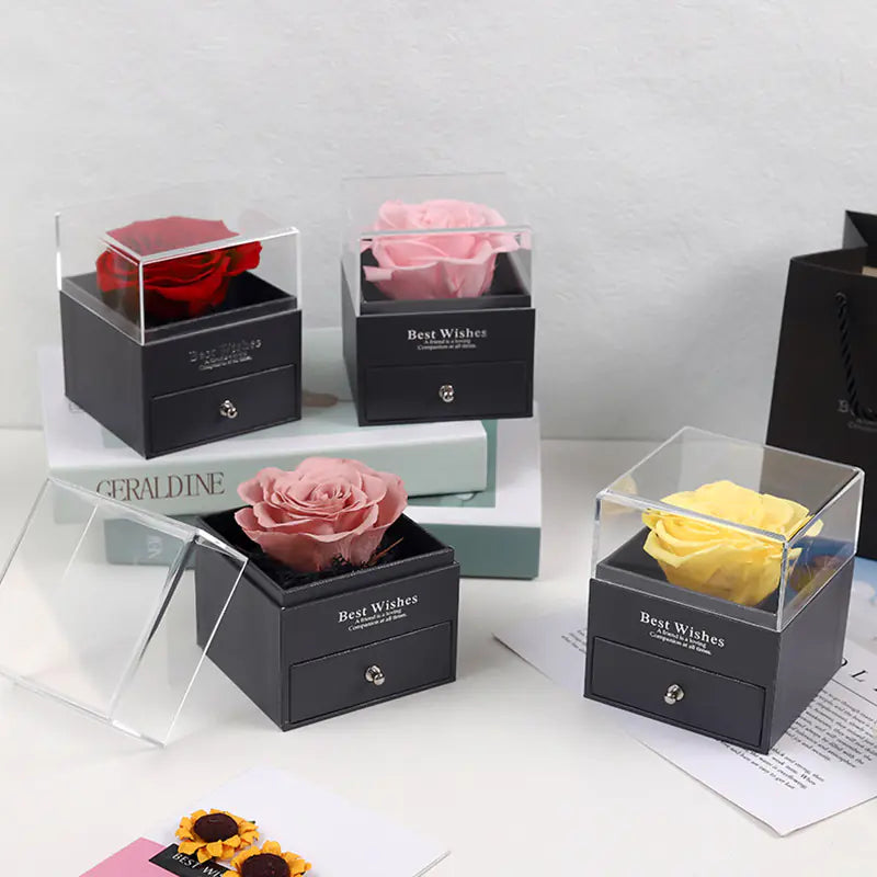 Eternal Flower Acrylic Jewelry Box with Real Rose Necklace